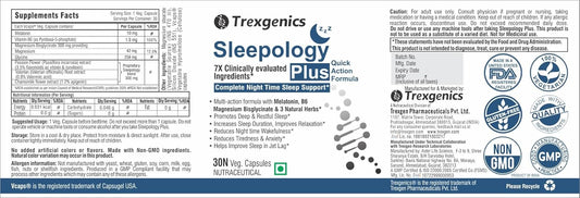 Trexgenics SLEEPOLOGY PLUS Melatonin 10 mg Sleep Support with Magnesium bisglyciante, P5P, Chamomile, Passion flower, Valerian VEGAN & NON-GMO (30 Veg. Capsules) (Pack of 1)