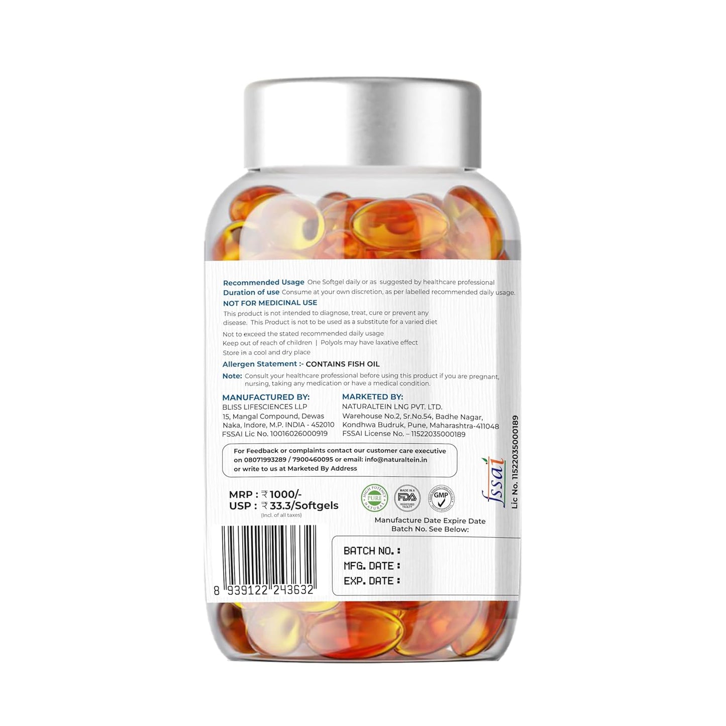NATURALTEIN Omega-3 Fish Oil 1250mg Triple Strength Softgels | 450mg EPA & 300mg DHA in Triglyceride Form for Better Absorption | Heart, Brain, Eye & Joint Support | Glyphosate-Free | 30 Capsules
