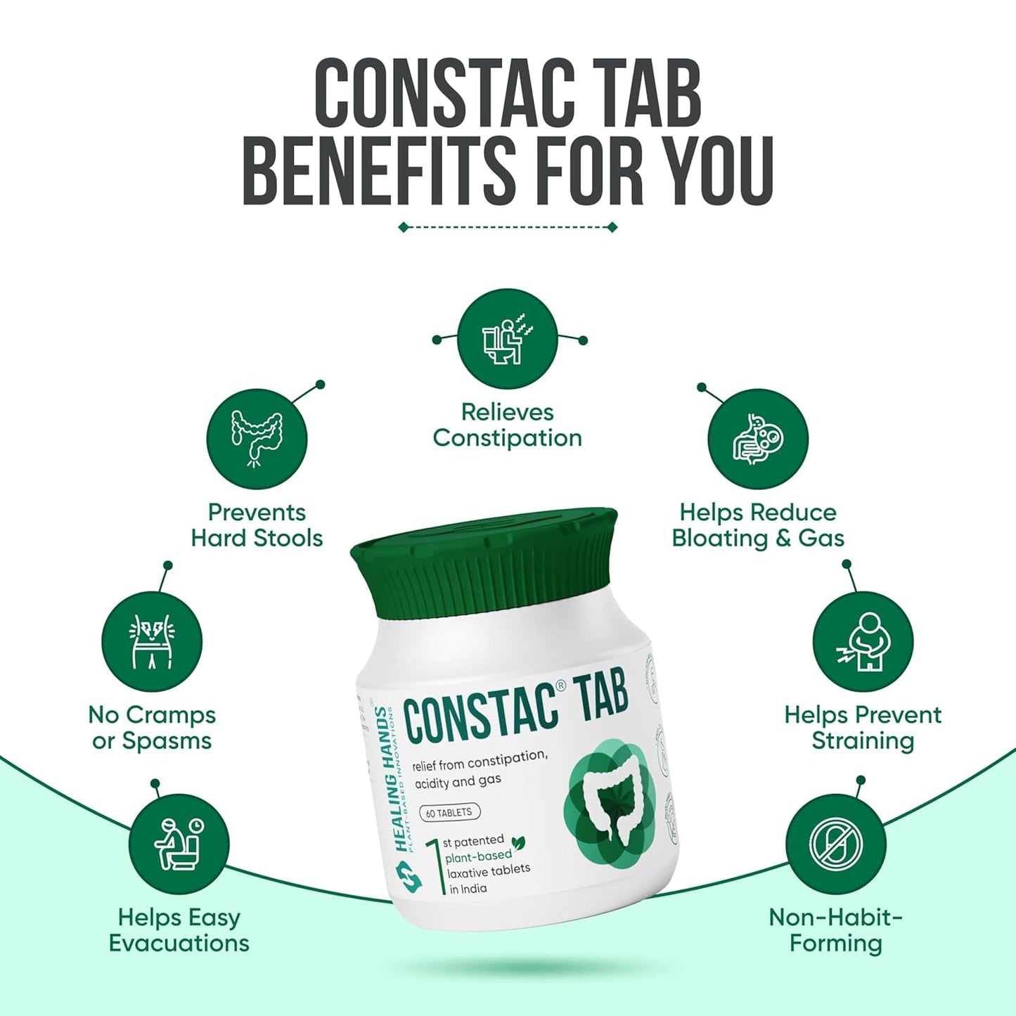 Healing Hands ConstacTab Tablet for Relief in Mild Constipation, Acidity and Gas, Plant Based Natural Constipation Solution, Clinically Proven, Herbal â€“ 60 Tablets