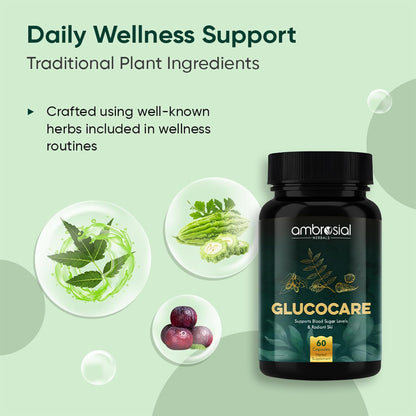 Ambrosial Glucocare Blood Sugar Control Tablets | Premium Herbal Formulation with Karela Jamun & Neem for Diabetes Care | Supports Healthy Blood Glucose Levels (Pack of 1-60 Capsules)