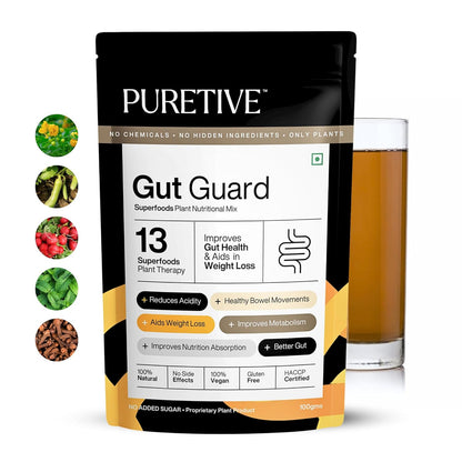 PURETIVE GUT GUARD | Superfoods Nutritional Mix | Gut Supplement for Strong Digestion, Acidity Relief, Immunity, Improves Metabolism | GUT Detox For Men & Women | 100% Pure Vegan | 100gms