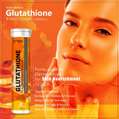 Vokin Biotech L-Glutathione 600mg With N-Acetyl-L-Cysteine 400mg & Vitamin C 40mg Helps for Glowing & Radiant Skin | Dark spots & Tan Removal 20 Effervescent Tablets (20 Tablets)