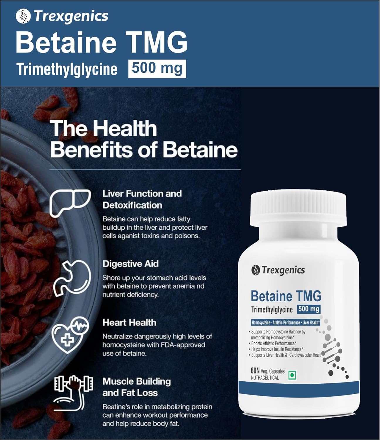 Trexgenics BETAINE - TMG (Trimethyglycine) 500 MG Homocysteine Balance, Liver Care, Athletic Performance Support (60 Veg Capsules) (Pack of 1)