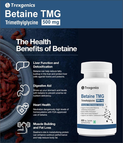 Trexgenics BETAINE - TMG (Trimethyglycine) 500 MG Homocysteine Balance, Liver Care, Athletic Performance Support (60 Veg Capsules) (Pack of 1)