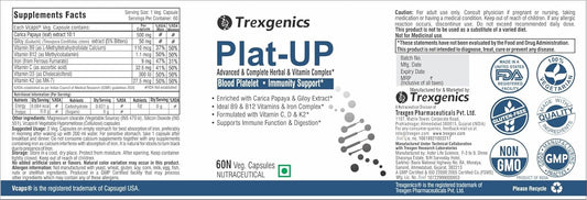 Trexgenics PLAT-UP Platelet Support, Hemoglobin, Advanced Formula VEGAN (60 Veg. Capsules) (Pack of 1)
