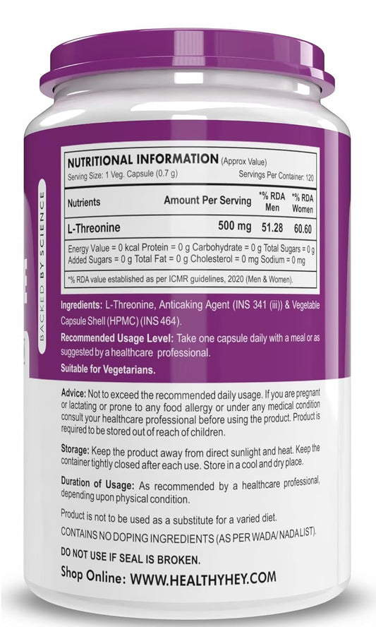 HealthyHey Nutrition L-Threonine - Essential Amino Acid -120 Veg Capsules