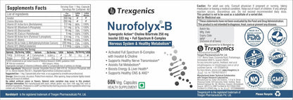 Trexgenics Nurofolyx-B Choline 250Mg,Inositol 333Mg & B-Comp B1 Benfotiamine,B2,B3,B6 Active P5P,B9 Active Folate,B12 Methylcobalamin Advanced Nervous System & Fatty Acid (60 Veg Capsules) (Pack Of 1)