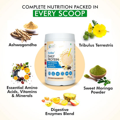 Fytika Daily Protein-400g (Pack of 1, Vanila) | Complete Nutrition Drink for Adults with 37 Essential Vitamins & Minerals | 50% Protein Per Serve | High Protein Drink for Men & Women