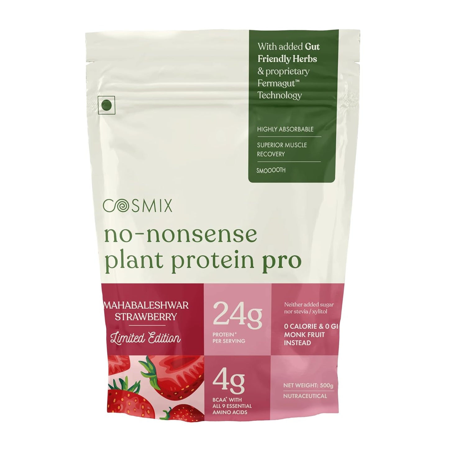 Cosmix No-Nonsense Plant Protein Pro | 24g Plant Protein/Serve | Mahabaleshwar Strawberry | Clean Vegan Yeast Protein | Gut-Friendly | Easy to Digest | All Essential Amino Acids | Made with Real Mahabaleshwar Strawberries | 500gm