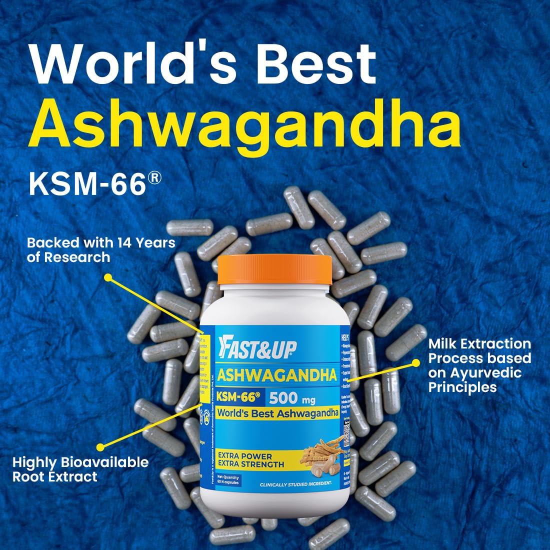 Fast&Up 500mg KSM-66Â® Ashwagandha â€“ World's Best Ashwagandha (60 Capsules) for Extra Strength & Power | Stress Relief | Natural Vitality Booster | Pure & Potent