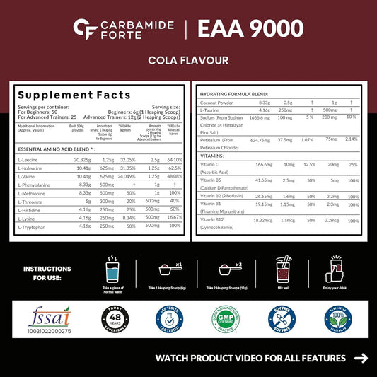 Carbamide Forte Eaa Supplement For Men & Women With Hydration Blend & Vitamins | Eaa intra workout Supplement With Bcaa 5000Mg - Cola Flavour - 50 Servings - Powder 300G
