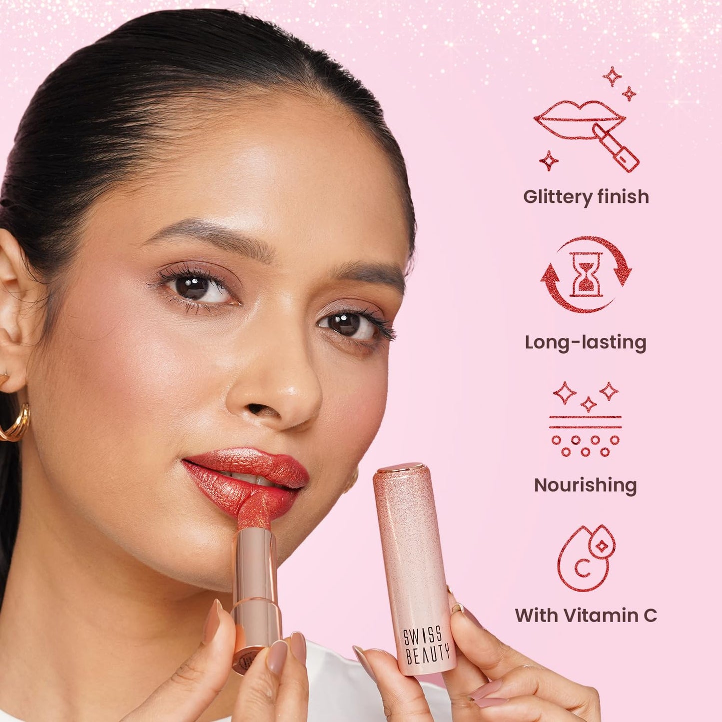 Swiss Beauty More Than Glitter Lipstick | Glittery Finish | Nourishing | With Vitamin C | One Swipe Smooth Glide | Shade- 3 Glimmer Coral, 3gm