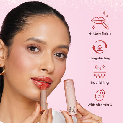 Swiss Beauty More Than Glitter Lipstick | Glittery Finish | Nourishing | With Vitamin C | One Swipe Smooth Glide | Shade- 3 Glimmer Coral, 3gm