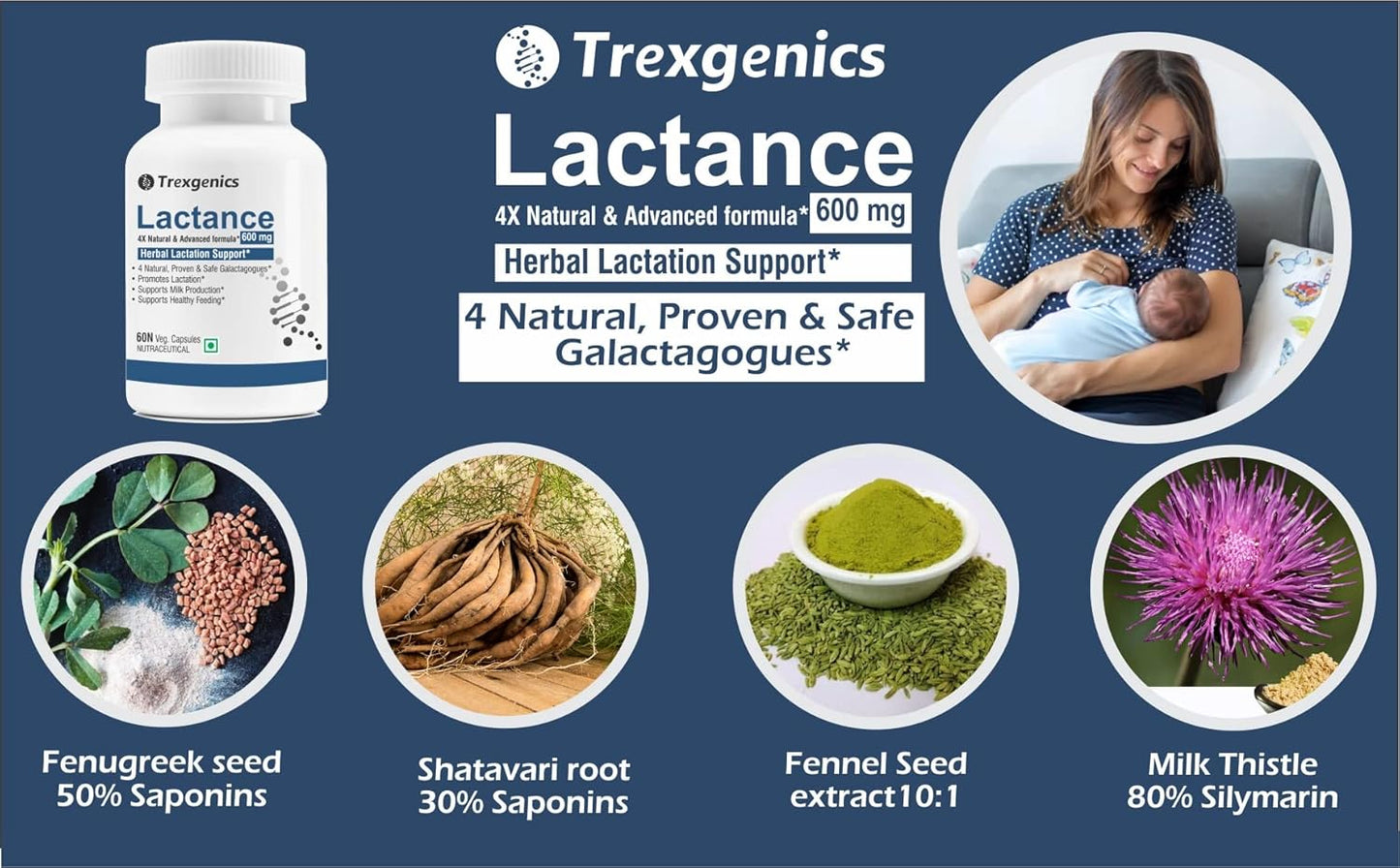 Trexgenics LACTANCE Lactation Support 4X Galactagogues 600 mg VEGAN & NON-GMO (60 Veg. Capsules) (Pack of 1)