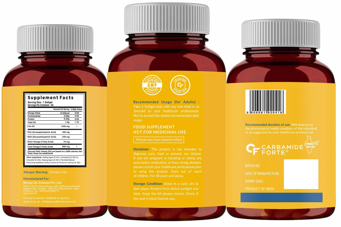 Carbamide Forte Triple Strength Fish Oil 1400mg with Omega 3 900mg for Men & Women - 60 Softgel Capsules