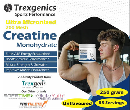 Trexgenics CREATINE MONOHYDRATE ULTRA MICRONIZED, Pure (83 Servings) Energy, Endurance, Sports Performance, Metabolism (250 gm)