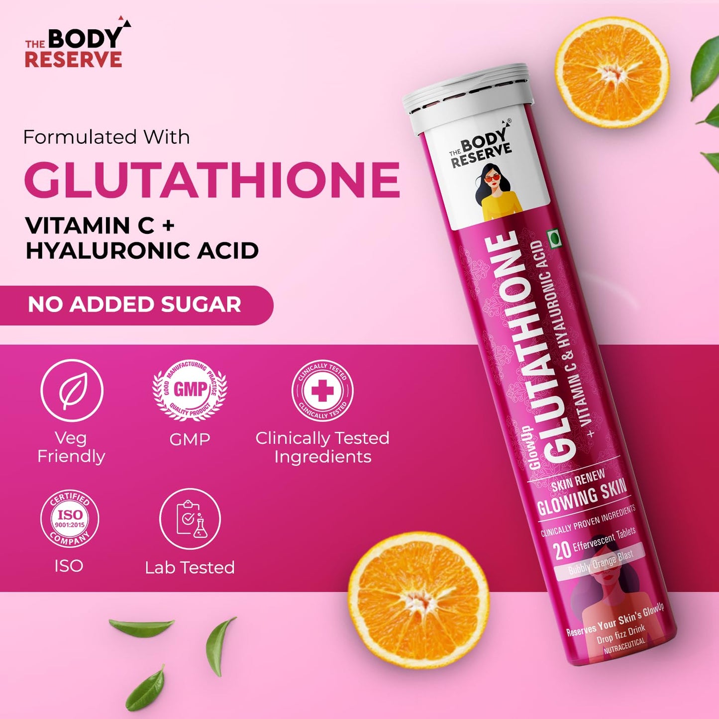 The Body Reserve Glutathione Tablets for Skin Whitening & Skin Glow, 500mg L-Glutathione with Vitamin C & Hyaluronic Acid, Antioxidant Glutathione Supplements, Orange Flavour, 20 Tablets