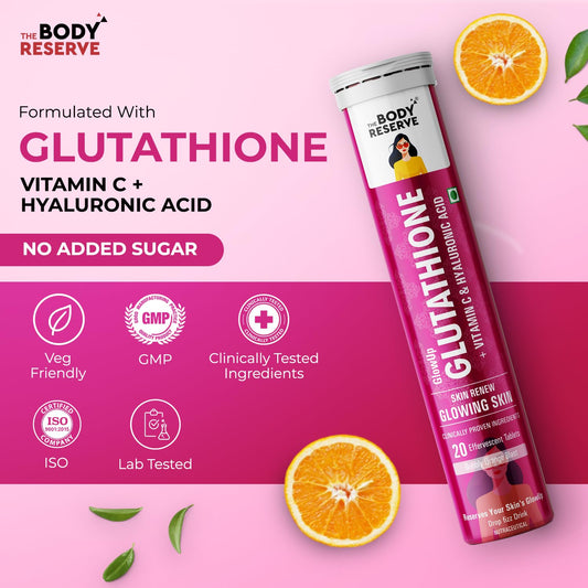 The Body Reserve Glutathione Tablets for Skin Whitening & Skin Glow, 500mg L-Glutathione with Vitamin C & Hyaluronic Acid, Antioxidant Glutathione Supplements, Orange Flavour, 20 Tablets