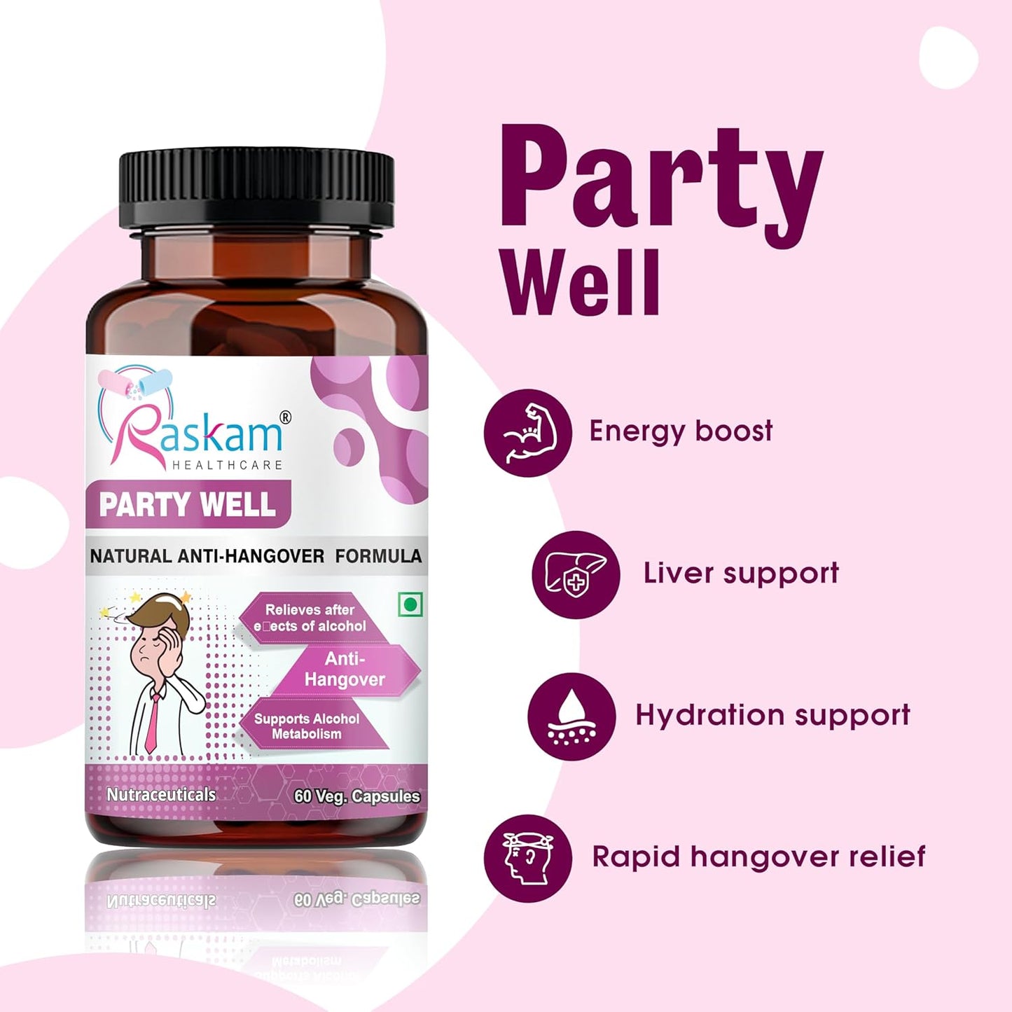 Party Well 60 Capsules- Anti Hangover Formula- Prevents hangover & Helps Support liver. Herbal Solution, Safe, Effective & Clinically Proven