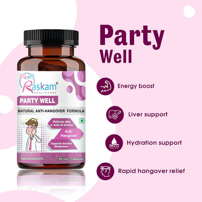 Party Well 60 Capsules- Anti Hangover Formula- Prevents hangover & Helps Support liver. Herbal Solution, Safe, Effective & Clinically Proven