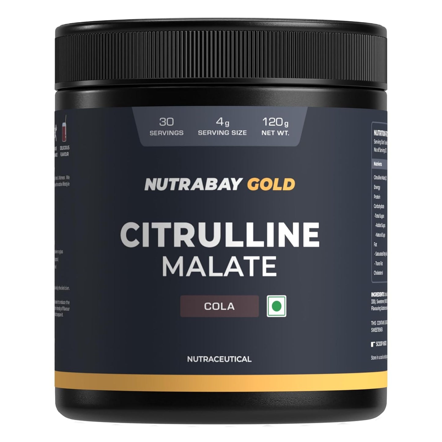 Nutrabay Gold Citrulline Malate 2:1 Supplement Powder 120g, Cola Flavor â€“ Boosts Nitric Oxide â€“ Pre Workout for Muscle Pump, Improved Endurance & Recovery | Tested for Purity | No Banned Substances