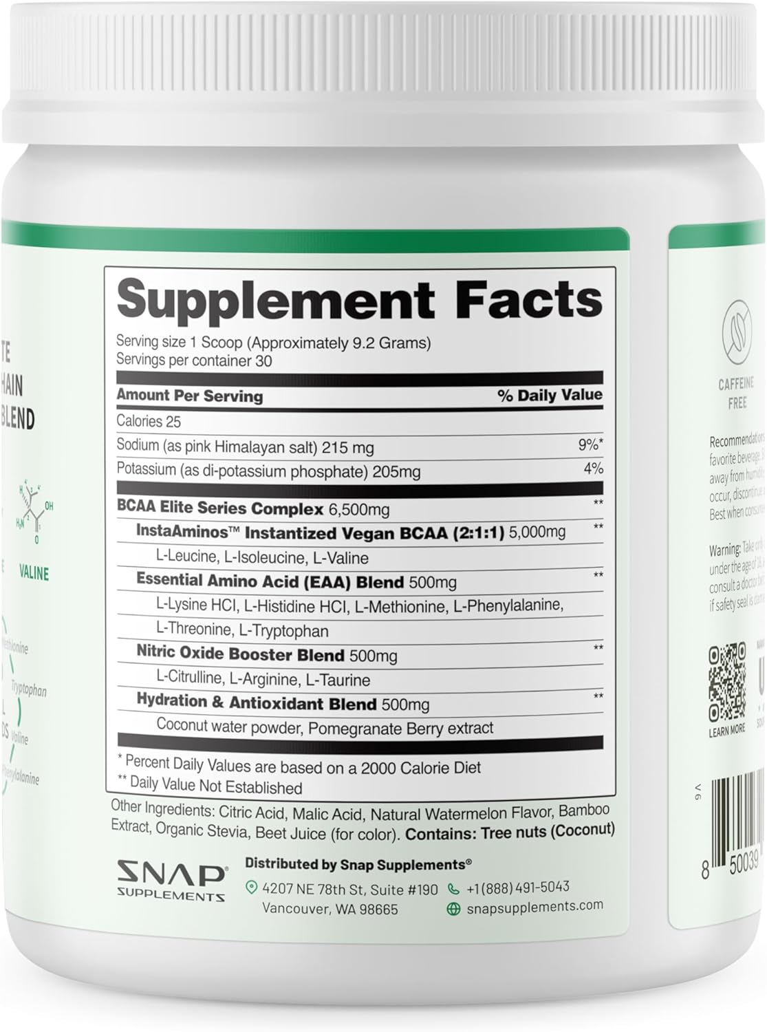Snap Supplements BCAA Powder - 5g Vegan Branched Chain Amino Acids (2:1:1 Leucine Isoleucine Valine) + Essential Amino Acids with Nitric Oxide Booster, 30 Servings, Pomegranate Watermelon