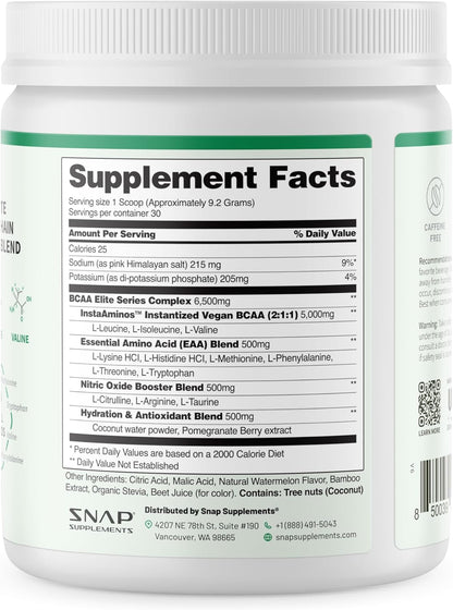 Snap Supplements BCAA Powder - 5g Vegan Branched Chain Amino Acids (2:1:1 Leucine Isoleucine Valine) + Essential Amino Acids with Nitric Oxide Booster, 30 Servings, Pomegranate Watermelon