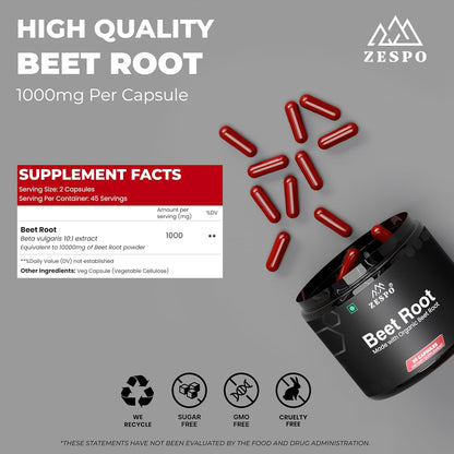 Zespo Organic Beet Root Capsules 1000mg â€“ Supports Heart Health, Blood Pressure, Energy, Antioxidant & Stamina â€“ Vegan, Non-GMO | 90 Capsules