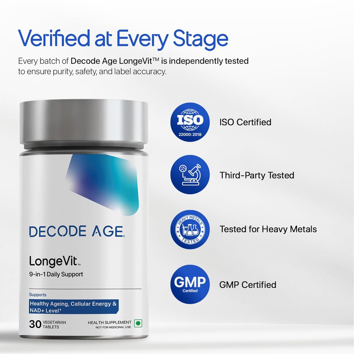 Decode Age Healthy Ageing Supplement | 10-in-1 longevity formula with NMN, Hyaluronic Acid, CoQ10 for NAD+ Boost, Healthy Skin & Heart Health| For Energy & Overall Health | One Month Supply | Decode Age LongeVit
