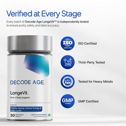 Decode Age Healthy Ageing Supplement | 10-in-1 longevity formula with NMN, Hyaluronic Acid, CoQ10 for NAD+ Boost, Healthy Skin & Heart Health| For Energy & Overall Health | One Month Supply | Decode Age LongeVit