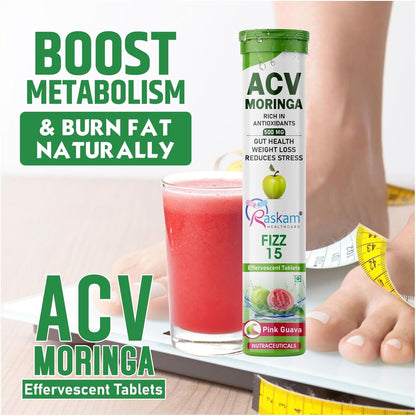 Apple Cider Vinegar (ACV) Moringa | Master Your Appetite & Boost Immunity | Natural Energy with Antioxidants | No Added Sugar | Pink Guava Flavor | 15 Fizz Tablets (500mg) Pack of 1