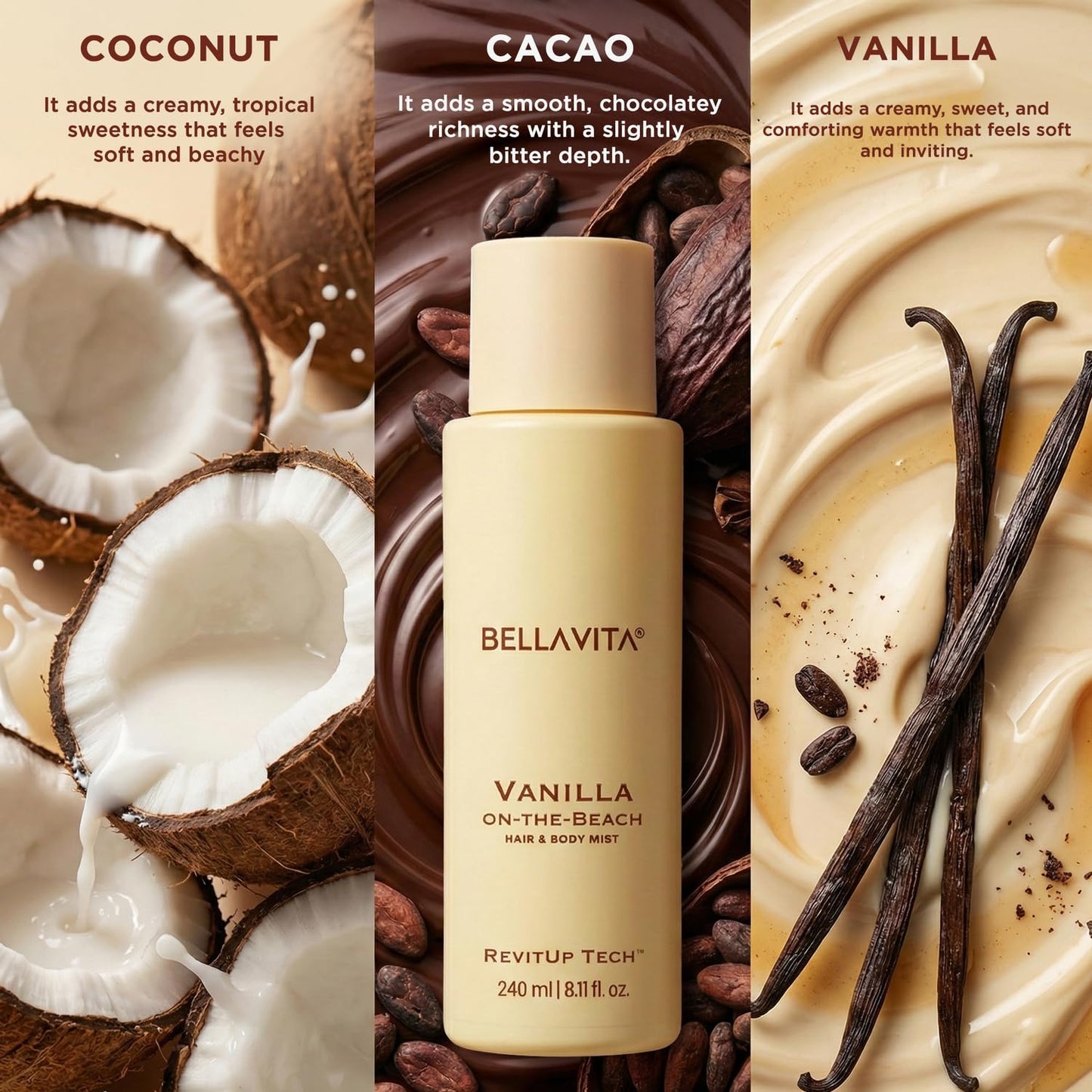 Bellavita Vanilla On-the-Beach | 2 in 1 Hair and Body Mist | 240ml | Long Lasting Premium Body Mist for Woman, Girl | Water based formulation