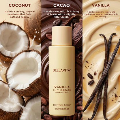 Bellavita Vanilla On-the-Beach | 2 in 1 Hair and Body Mist | 240ml | Long Lasting Premium Body Mist for Woman, Girl | Water based formulation