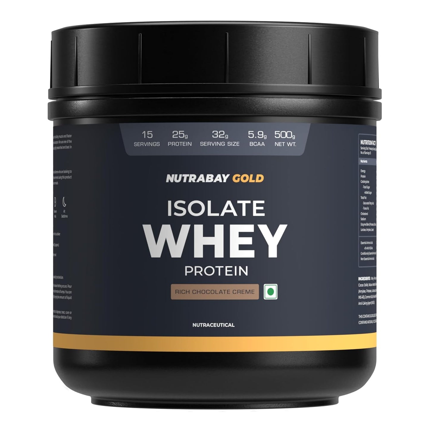 Nutrabay Gold Whey Protein Isolate Powder 25g Protein, 5.9g BCAA per Serving, Easy to Digest, NABL Lab Tested â€“ Muscle Growth & Recovery â€“ 500g, Rich Chocolate CrÃ¨me|100% Authentic Clean Protein