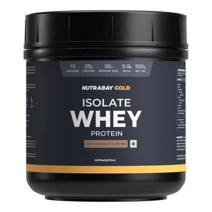 Nutrabay Gold Whey Protein Isolate Powder 25g Protein, 5.9g BCAA per Serving, Easy to Digest, NABL Lab Tested â€“ Muscle Growth & Recovery â€“ 500g, Rich Chocolate CrÃ¨me|100% Authentic Clean Protein