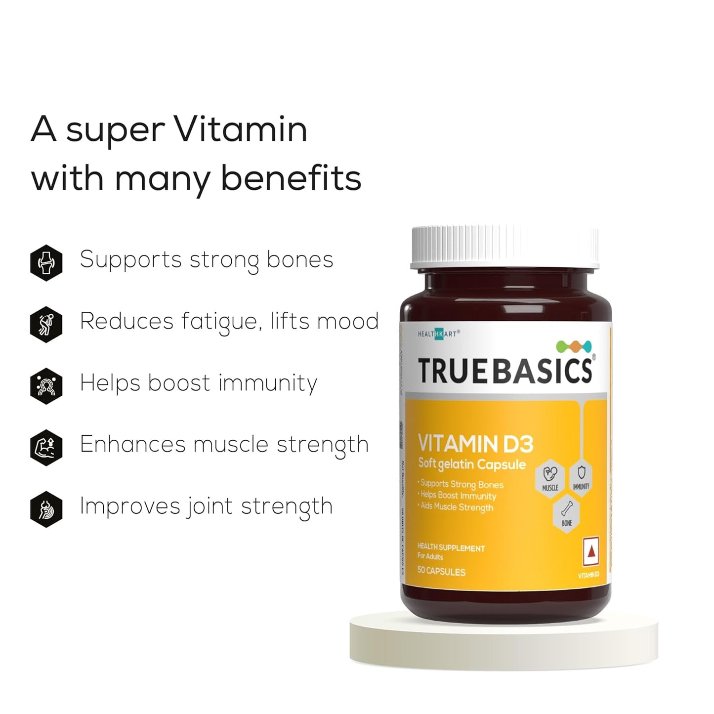 TrueBasics Vitamin D3 600 IU, for Healthy Bones, Strong Muscles, Boosts Immunity & Calcium Absorption, 50 Vitamin D Capsules