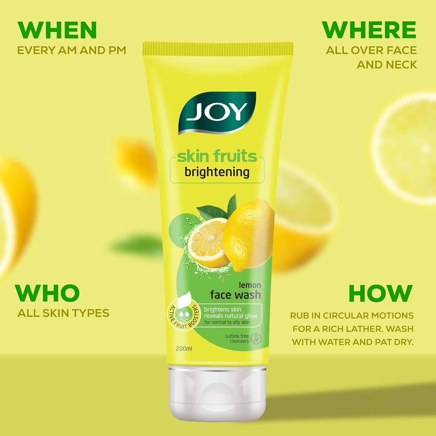 Joy Skin Fruits Lemon Brightening Face Wash 200ml | with Vitamin C for Glowing Skin | Reduces Dark Spots, Removes Excess Oil & Dirt | For Normal to Oily Skin