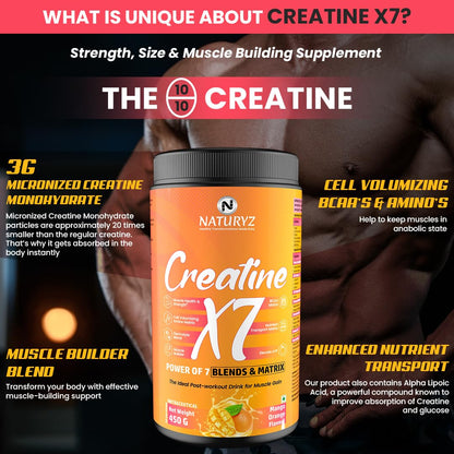 NATURYZ Creatine X7 Pure Micronized Creatine Monohydrate Post Workout drink | Rapid Absorption with Aminos | BCAA | ATP Transport Matrix | Muscle Growth & Strength | Power of 7 Blends | Muscle Builder- 450g(Mango Orange)