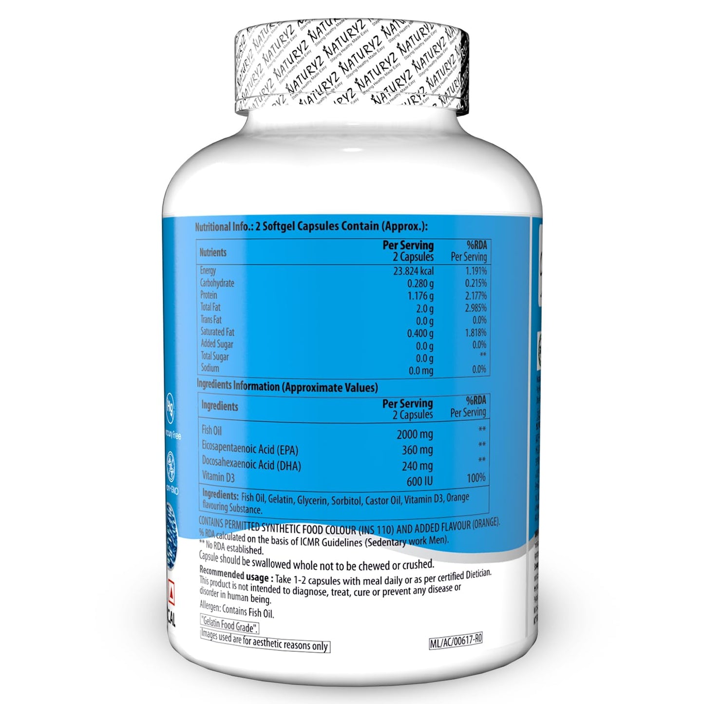 Naturyz Burpfree Omega 3 Fish Oil 2000 Mg With Vitamin D3,No Fishy Burps,Extracted From Sardines & Anchovies,Epa & Dha,Nano Emulsion Capsules For Faster Absorption-60 Softgels