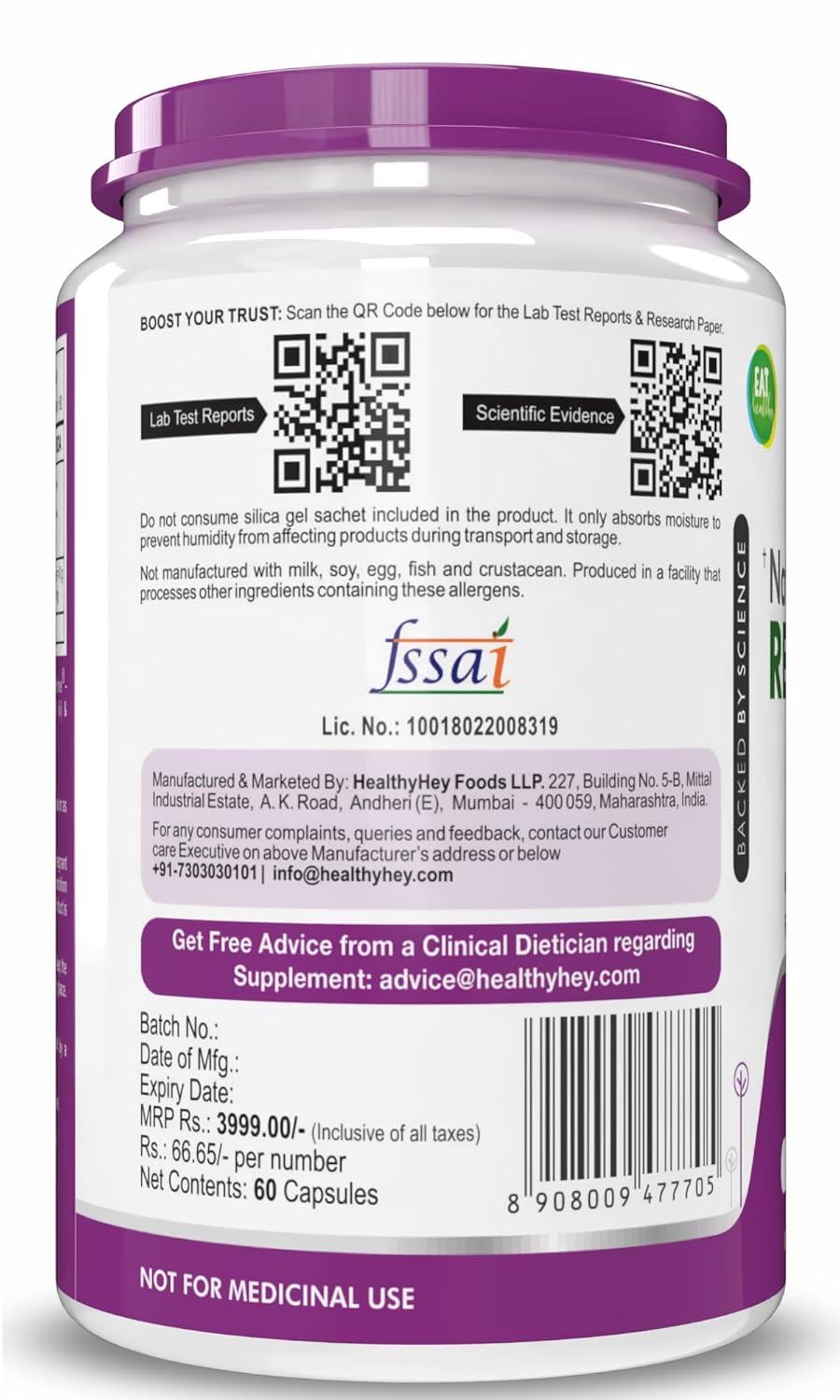 HealthyHey Nutrition Resveratrol Extract 98% Plus BioPerine for Absorption - 255mg - 60 Vegetable Capsules (Pack of 1)