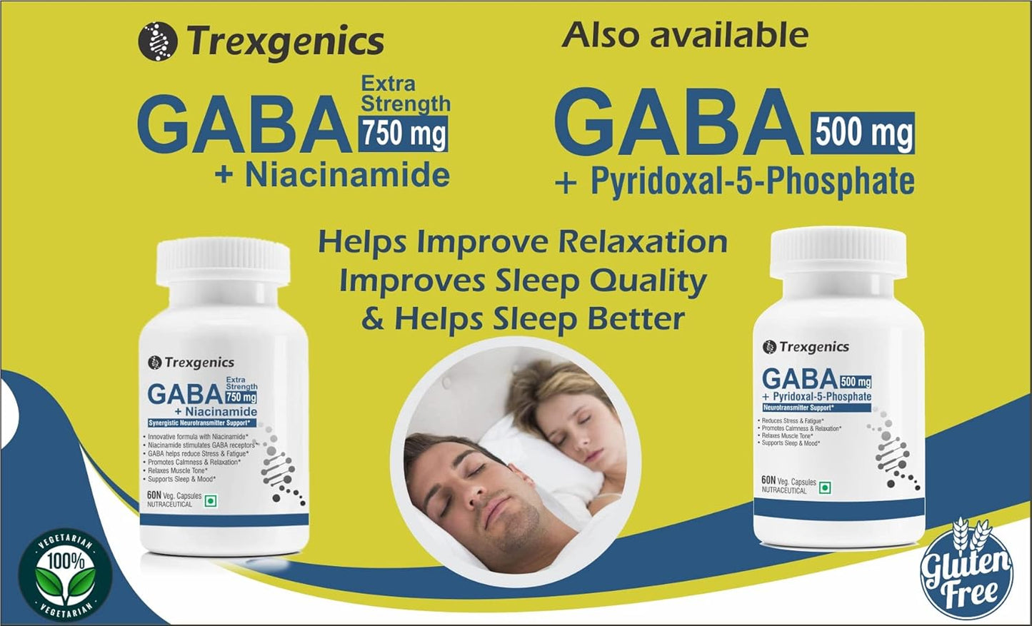 Trexgenics GABA (Gamma aminobutyric aicd) 500 mg, Pyridoxal 5 Phosphate 1 mg, Neurotransmitter, Stress, Sleep Support VEGAN & NON-GMO (60 Veg Capsules) (Pack of 1)
