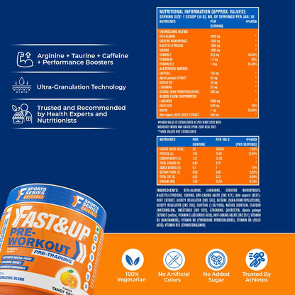 FAST&UP Pre-Workout(300 Gms,30 Servings,Orange Flavour) Powder -Supports Muscle Endurance, Pump, Energy & Mental Focus With Arginine, B-Alanine, Caffeine, Taurine, Vitamins, Minerals And Electrolytes