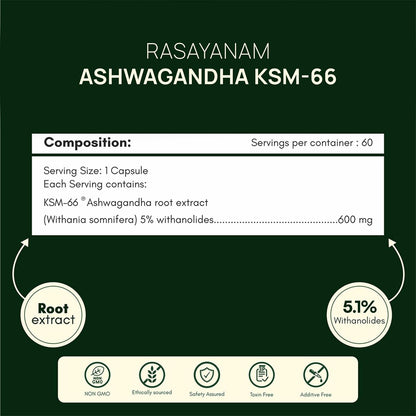 Rasayanam Ashwagandha KSM-66Â® | Clinically Proven 600mg Dosage | 5.1% Withanolides for Max Results | 100% Pure Root Extract | Stress Relief, Energy & Recovery Support | Worldâ€™s Strongest Ashwagandha | 60 Capsules