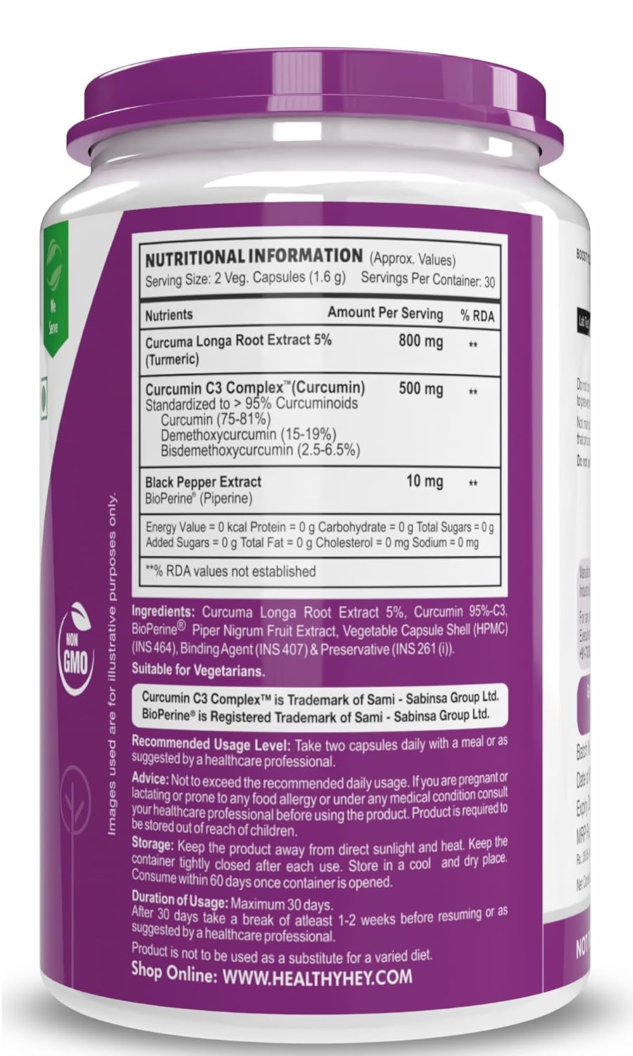HealthyHey Nutrition Curcumin with Bioperine 1310mg (Ultra Pure) | Organic Turmeric, 60 Vegetable Capsules with Piperine