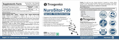 TrexgenicsÂ® NUROSITOL-750 Inositol-750 mg Pharmaceutical High Density Grade Nervous System, Cognition, Brain & Insulin Support(60 Veg. Capsules) (1)