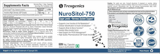 TrexgenicsÂ® NUROSITOL-750 Inositol-750 mg Pharmaceutical High Density Grade Nervous System, Cognition, Brain & Insulin Support(60 Veg. Capsules) (1)