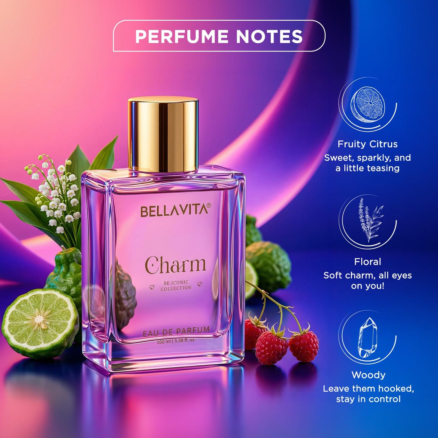 BELLAVITA Charm EDP | Perfume for Woman | Long Lasting | 100ml | Fruity & Floral Scent | Premium Perfume for Women