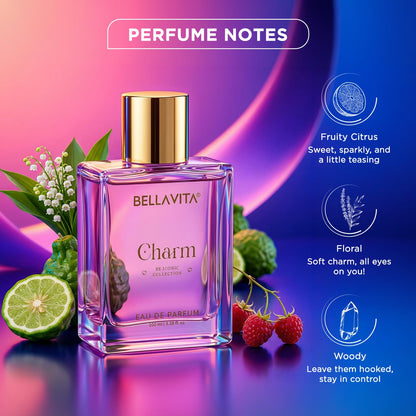 BELLAVITA Charm EDP | Perfume for Woman | Long Lasting | 100ml | Fruity & Floral Scent | Premium Perfume for Women