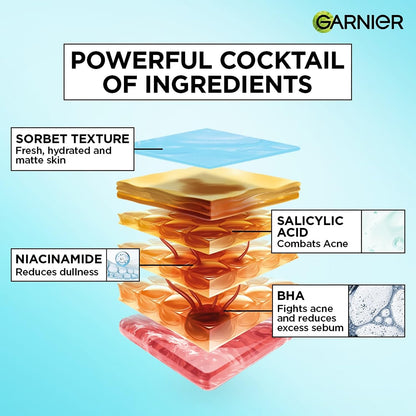 Garnier Fresh & Matte Salicylic Acid Sorbet Moisturizer Cream, 4.5% Salicylic Acid + Niacinamide + Vitamin C, 9x Lighter Sorbet Cream, For Hydration & Oil Control, Suitable for Oily to Normal & Combination Skin, 45g