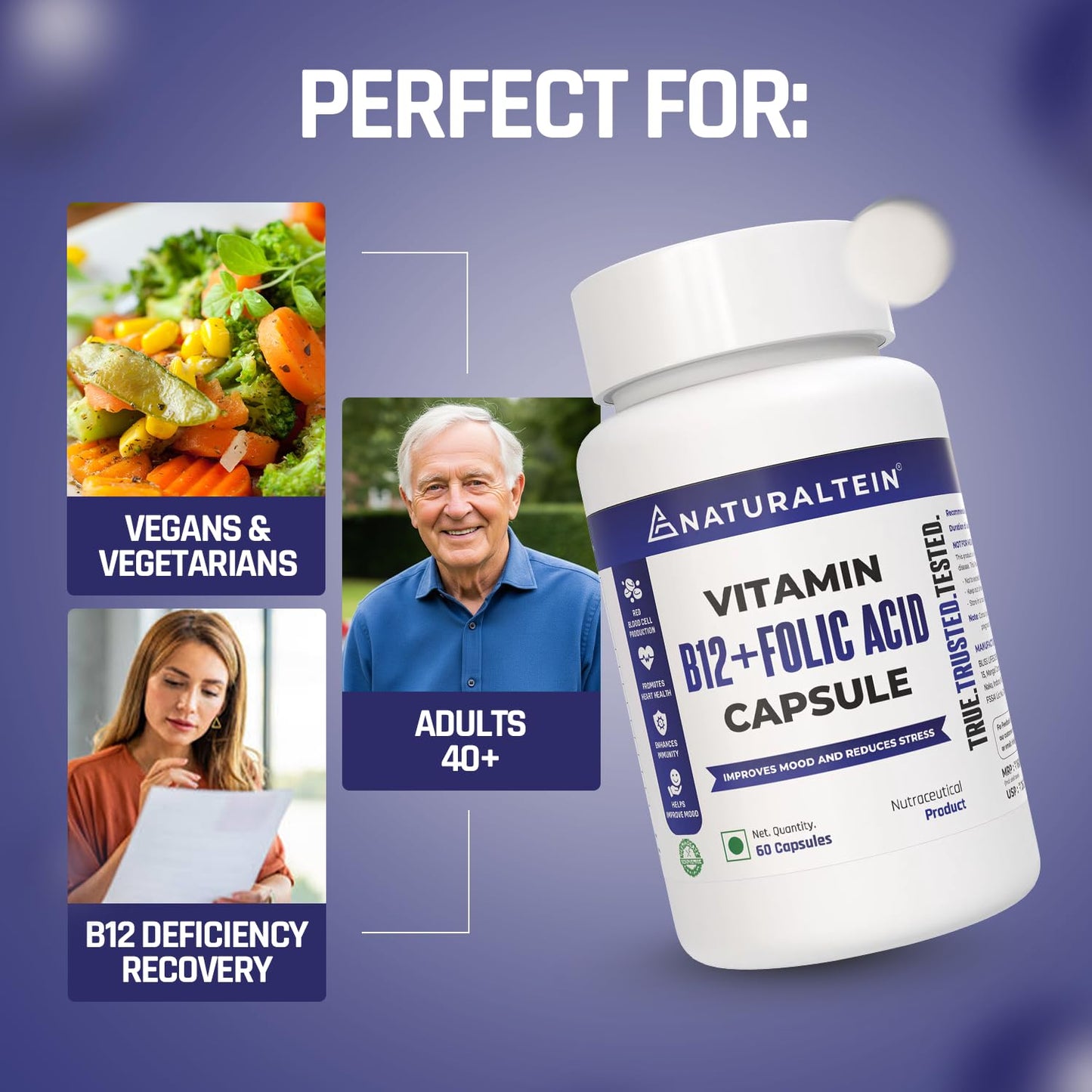 NATURALTEIN Vitamin B12 + Folate Capsules (60 Capsules) | High Strength Methylcobalamin & L-Methyl Folate | Supports Energy, Brain & Heart Health | Lab-Tested | With Rice Starch & Vegetarian HPMC Capsule Shell